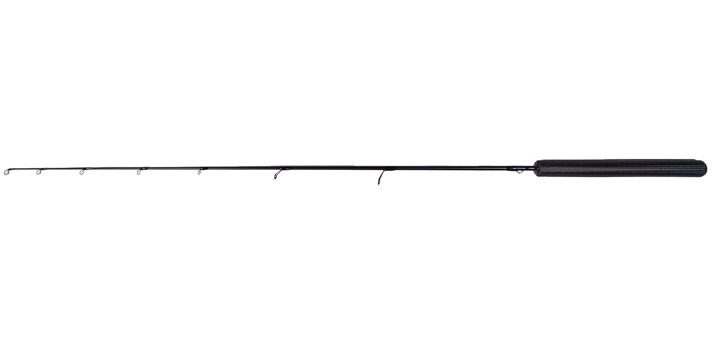 Frostbite Obsidian 46 inch Extra Heavy Ice fishing rod Full length side photo showing high quality spring back guides, Carbon Fiber handle and fiberglass rod blank.