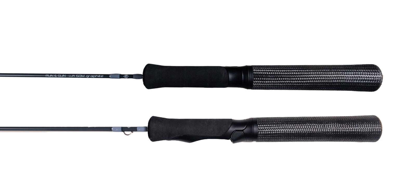 50" Medium Frostbite Ice fishing Rod High quality handle close up showing Carbon fiber grip, EVA foregrip and Graphite blank