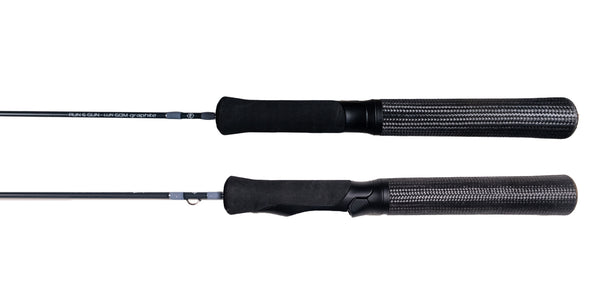 50" Medium Frostbite Ice fishing Rod High quality handle close up showing Carbon fiber grip, EVA foregrip and Graphite blank