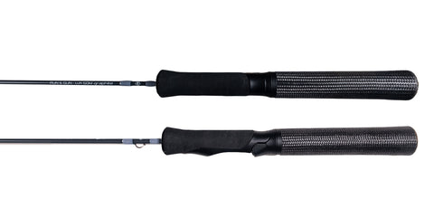 50" Medium Frostbite Ice fishing Rod High quality handle close up showing Carbon fiber grip, EVA foregrip and Graphite blank