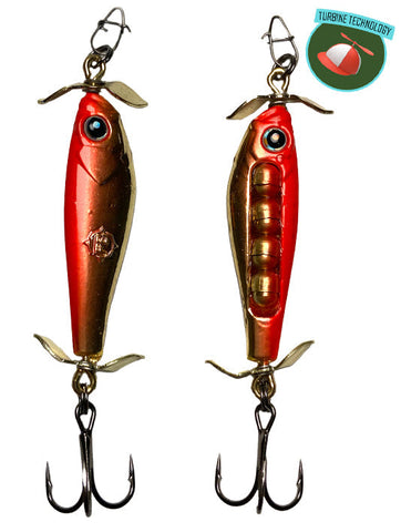 Rattling spoon with propellers for extra lateral line attraction. Perfect for Walleye, Perch, Crappie and Panfish. Designed for Ice Fishing.