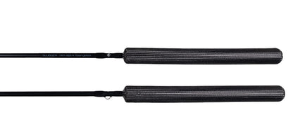 Frostbite Slugger Obsidian 46 inch Extra Heavy Ice fishing rod. Top and side view of high quality low weight Carbon fiber warm touch handle. For Pike and Lake Trout.