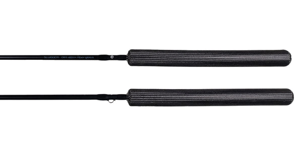 Frostbite Slugger Obsidian 46 inch Extra Heavy Ice fishing rod. Top and side view of high quality low weight Carbon fiber warm touch handle. For Pike and Lake Trout.